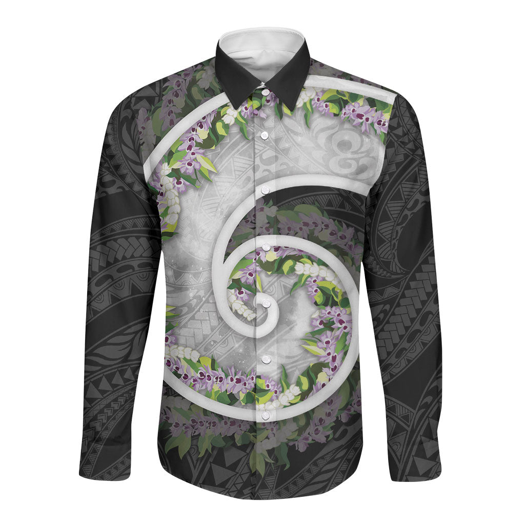 Piko Hawaii Long Sleeve Button Shirt Polynesian Pattern With Maile Pikake Honohono Lei