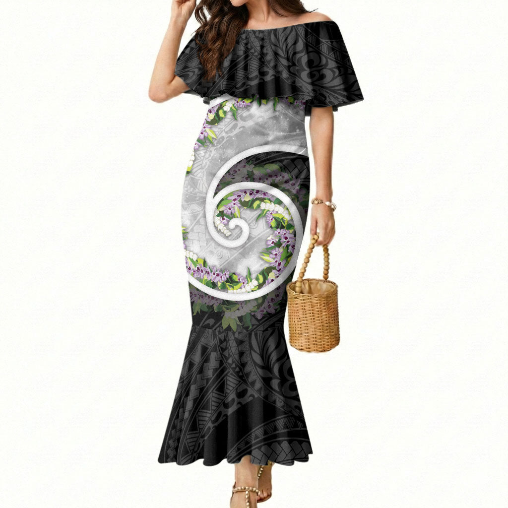 Piko Hawaii Mermaid Dress Polynesian Pattern With Maile Pikake Honohono Lei