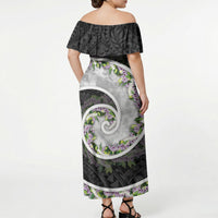 Piko Hawaii Off Shoulder Maxi Dress Polynesian Pattern With Maile Pikake Honohono Lei
