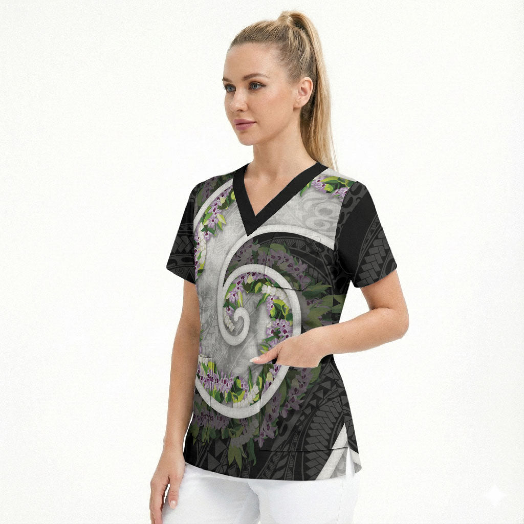 Piko Hawaii Scrub Top Polynesian Pattern With Maile Pikake Honohono Lei
