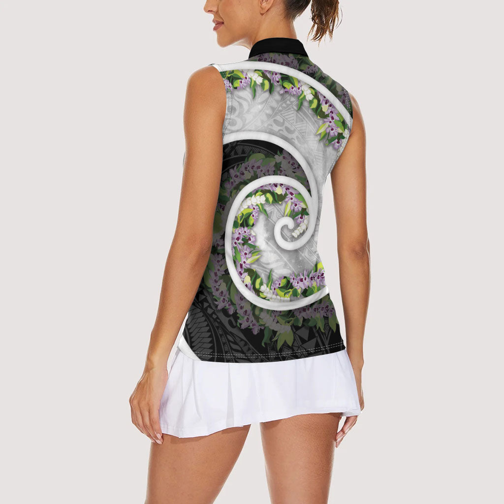 Piko Hawaii Women Sleeveless Polo Shirt Polynesian Pattern With Maile Pikake Honohono Lei