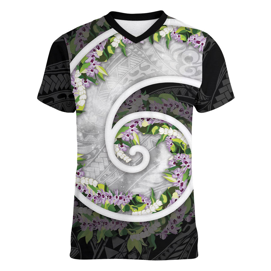 Piko Hawaii Women V-Neck T-Shirt Polynesian Pattern With Maile Pikake Honohono Lei