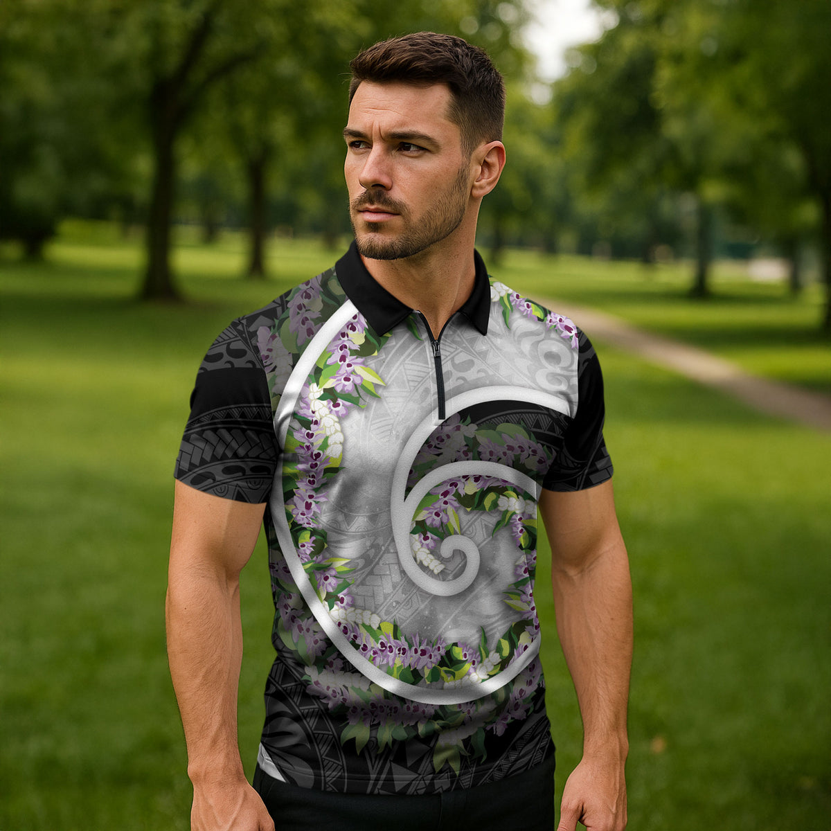 Piko Hawaii Zipper Polo Shirt Polynesian Pattern With Maile Pikake Honohono Lei