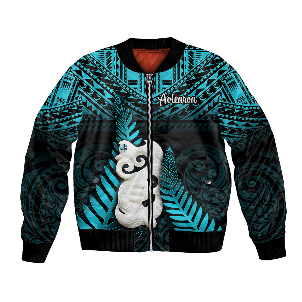 New Zealand Bomber Jacket Manaia Maori Pattern With Turquoise Fern LT05 Unisex Turquoise - Polynesian Pride