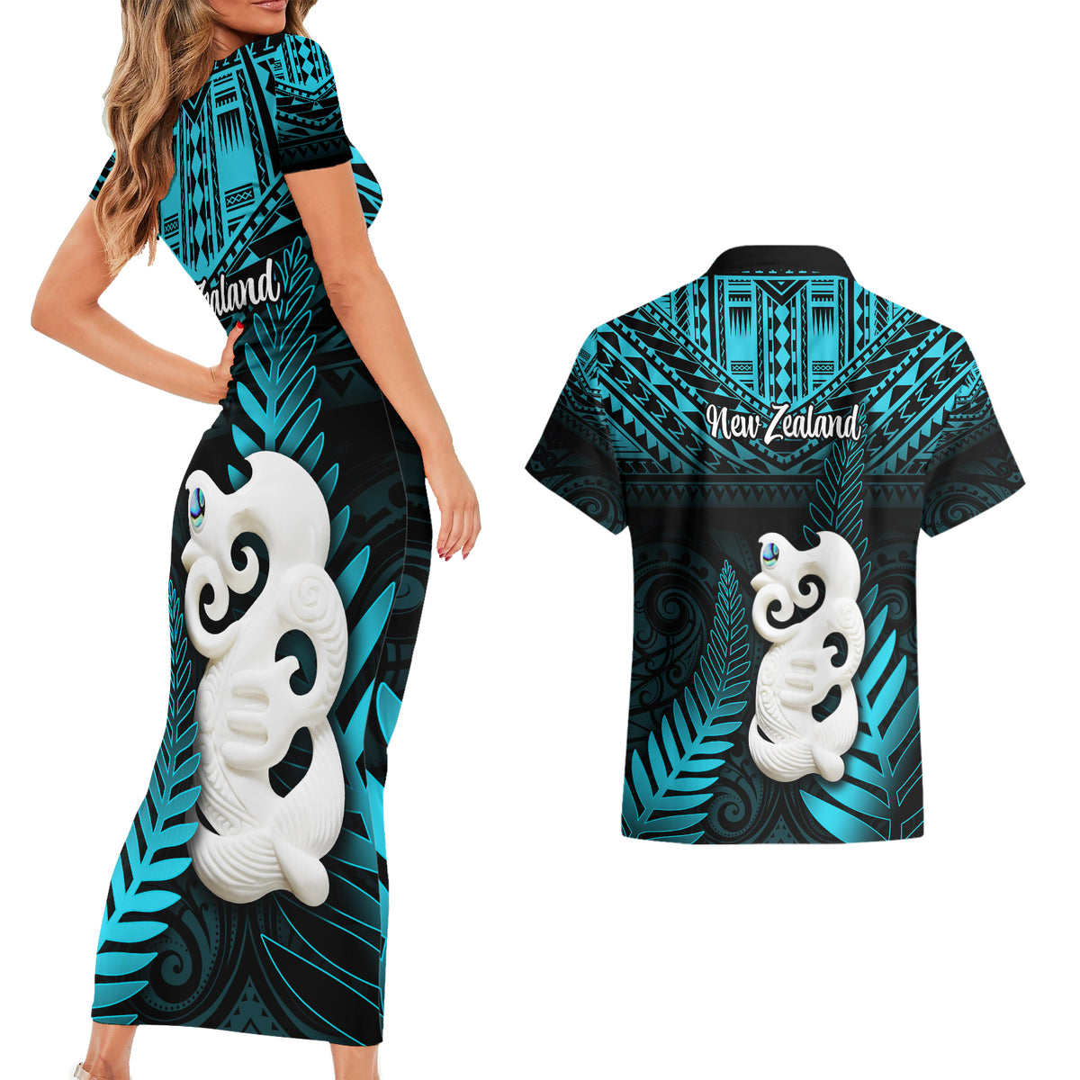 New Zealand Couples Matching Short Sleeve Bodycon Dress and Hawaiian Shirt Manaia Maori Pattern With Turquoise Fern LT05 - Polynesian Pride