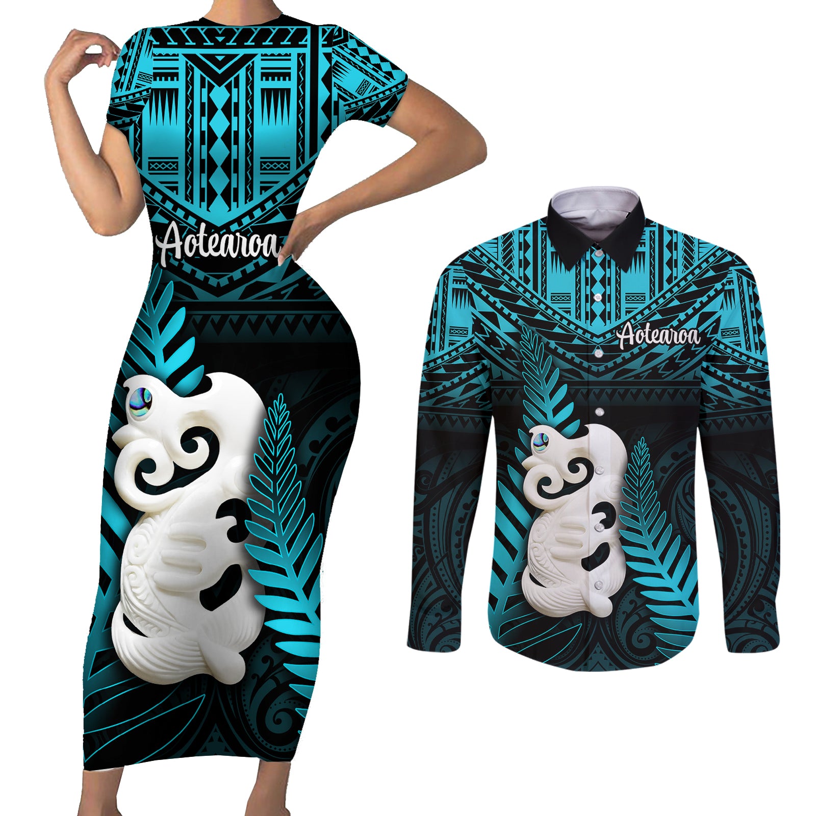 New Zealand Couples Matching Short Sleeve Bodycon Dress and Long Sleeve Button Shirts Manaia Maori Pattern With Turquoise Fern LT05 Turquoise - Polynesian Pride