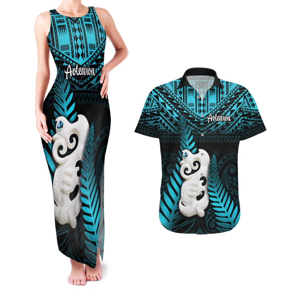 New Zealand Couples Matching Tank Maxi Dress and Hawaiian Shirt Manaia Maori Pattern With Turquoise Fern LT05 Turquoise - Polynesian Pride