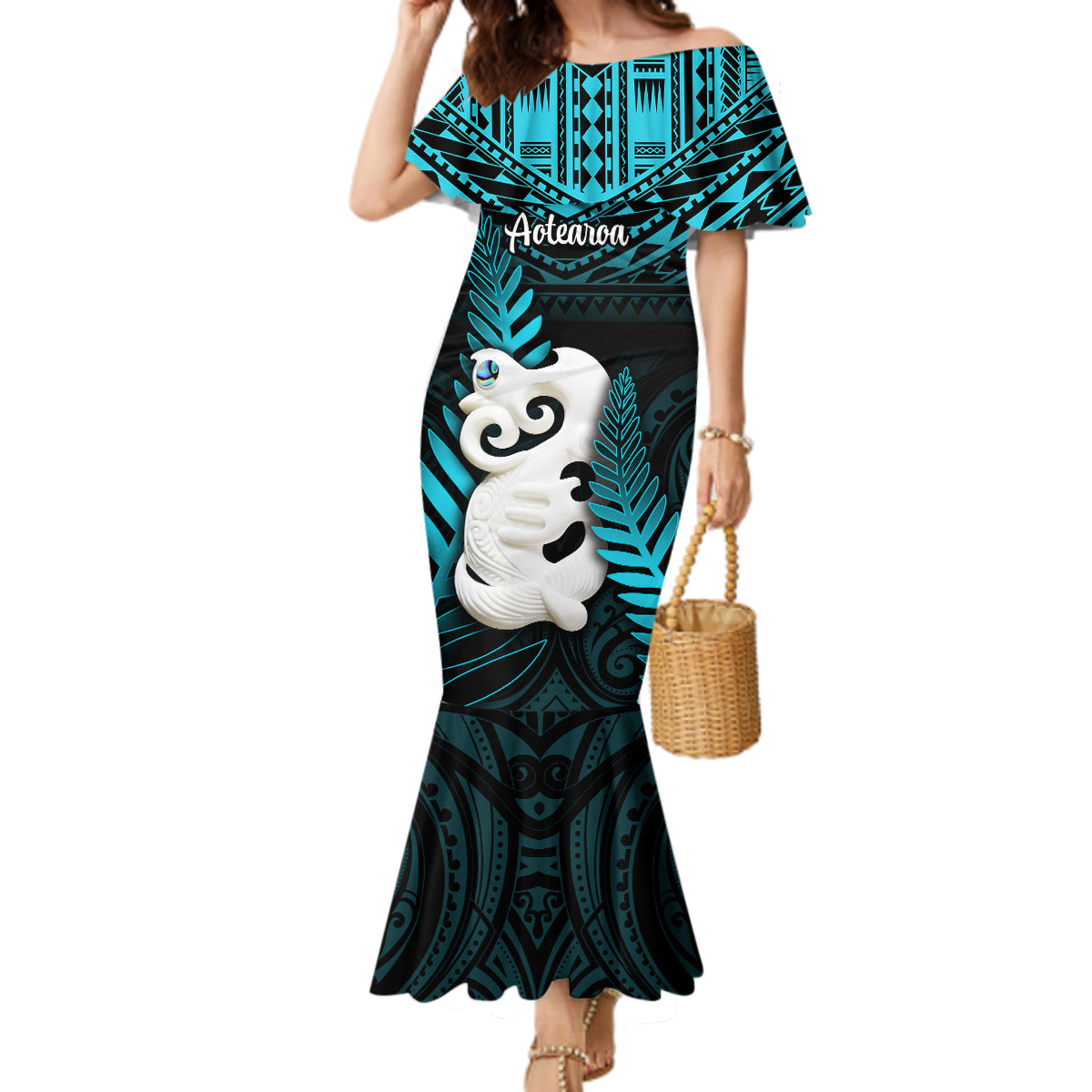 New Zealand Mermaid Dress Manaia Maori Pattern With Turquoise Fern LT05 Women Turquoise - Polynesian Pride