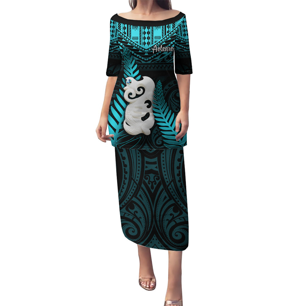 New Zealand Puletasi Manaia Maori Pattern With Turquoise Fern LT05 Long Dress Turquoise - Polynesian Pride