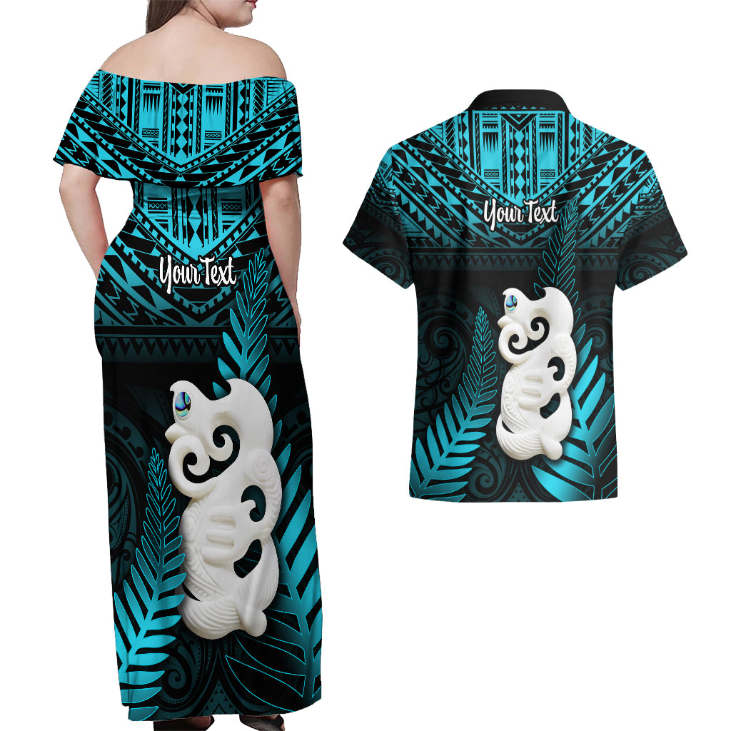 Personalized New Zealand Couples Matching Off Shoulder Maxi Dress and Hawaiian Shirt Manaia Maori Pattern With Turquoise Fern LT05 - Polynesian Pride