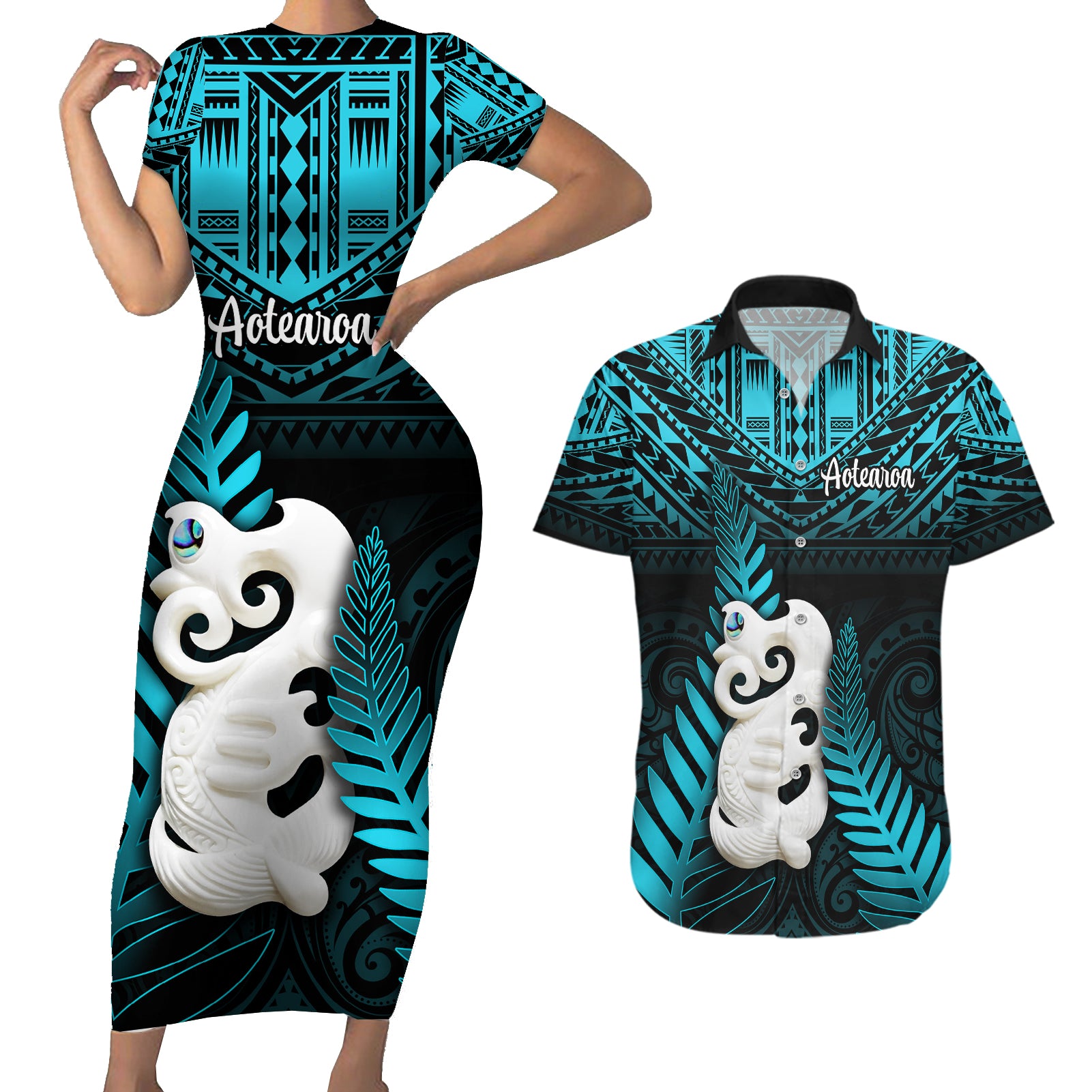 Personalized New Zealand Couples Matching Short Sleeve Bodycon Dress and Hawaiian Shirt Manaia Maori Pattern With Turquoise Fern LT05 Turquoise - Polynesian Pride