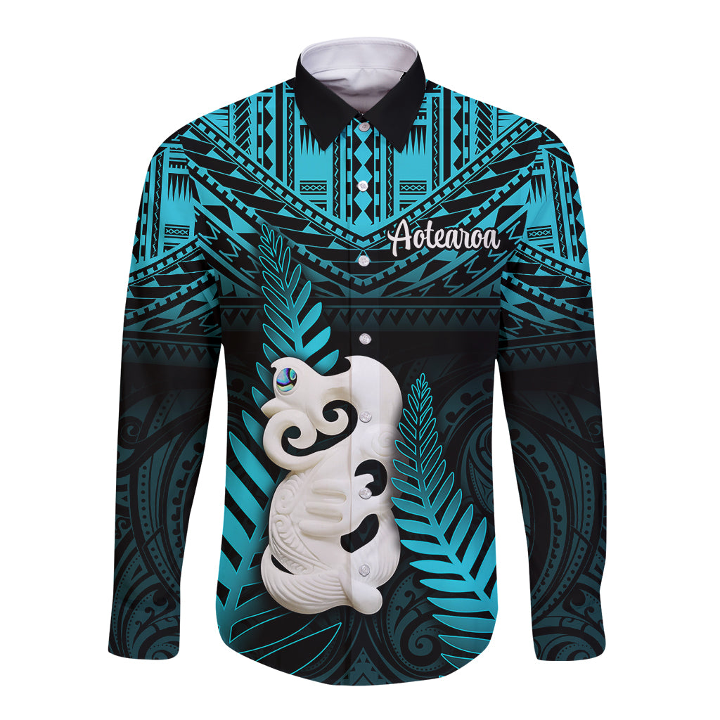 Personalized New Zealand Long Sleeve Button Shirt Manaia Maori Pattern With Turquoise Fern LT05 Unisex Turquoise - Polynesian Pride