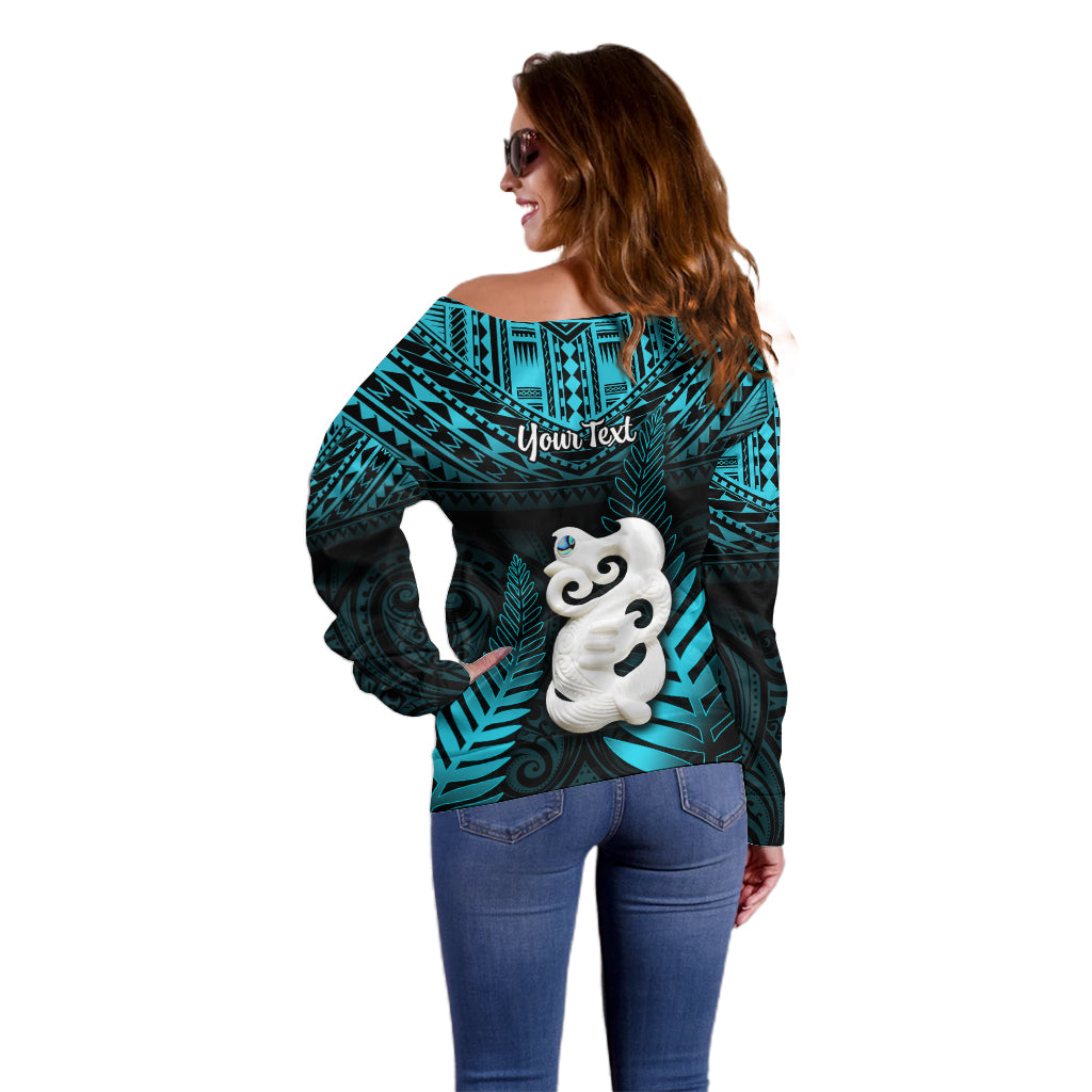 Personalized New Zealand Off Shoulder Sweater Manaia Maori Pattern With Turquoise Fern LT05 - Polynesian Pride