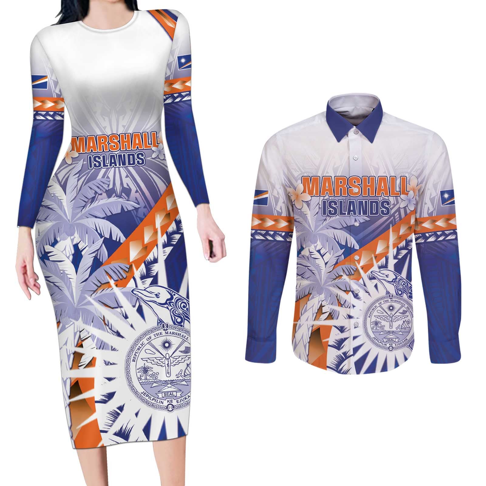 Personalised Marshall Islands Manit Day Couples Matching Long Sleeve Bodycon Dress and Long Sleeve Button Shirt Polynesian Tribal Tattoo Tropical Style