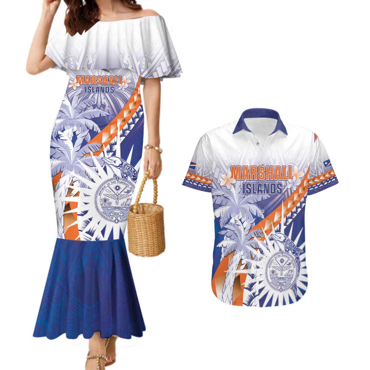 Personalised Marshall Islands Manit Day Couples Matching Mermaid Dress and Hawaiian Shirt Polynesian Tribal Tattoo Tropical Style