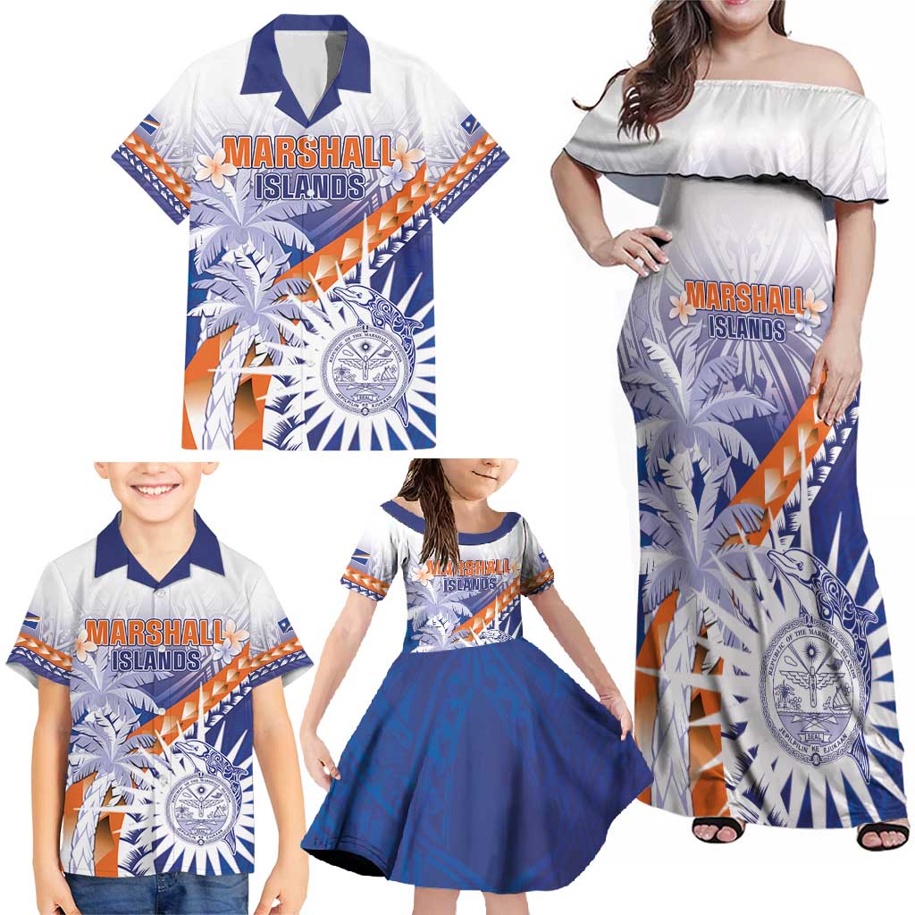 Personalised Marshall Islands Manit Day Family Matching Off Shoulder Maxi Dress and Hawaiian Shirt Polynesian Tribal Tattoo Tropical Style