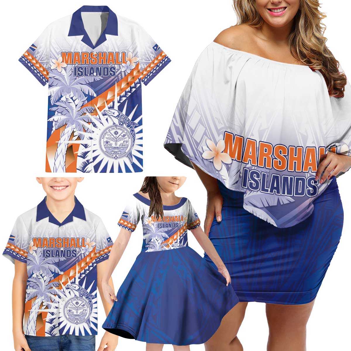 Personalised Marshall Islands Manit Day Family Matching Off Shoulder Short Dress and Hawaiian Shirt Polynesian Tribal Tattoo Tropical Style