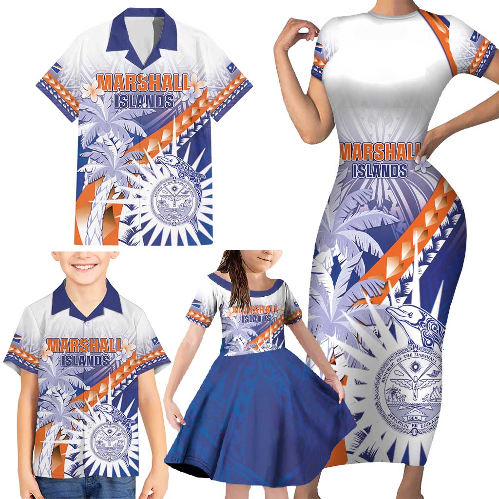 Personalised Marshall Islands Manit Day Family Matching Short Sleeve Bodycon Dress and Hawaiian Shirt Polynesian Tribal Tattoo Tropical Style