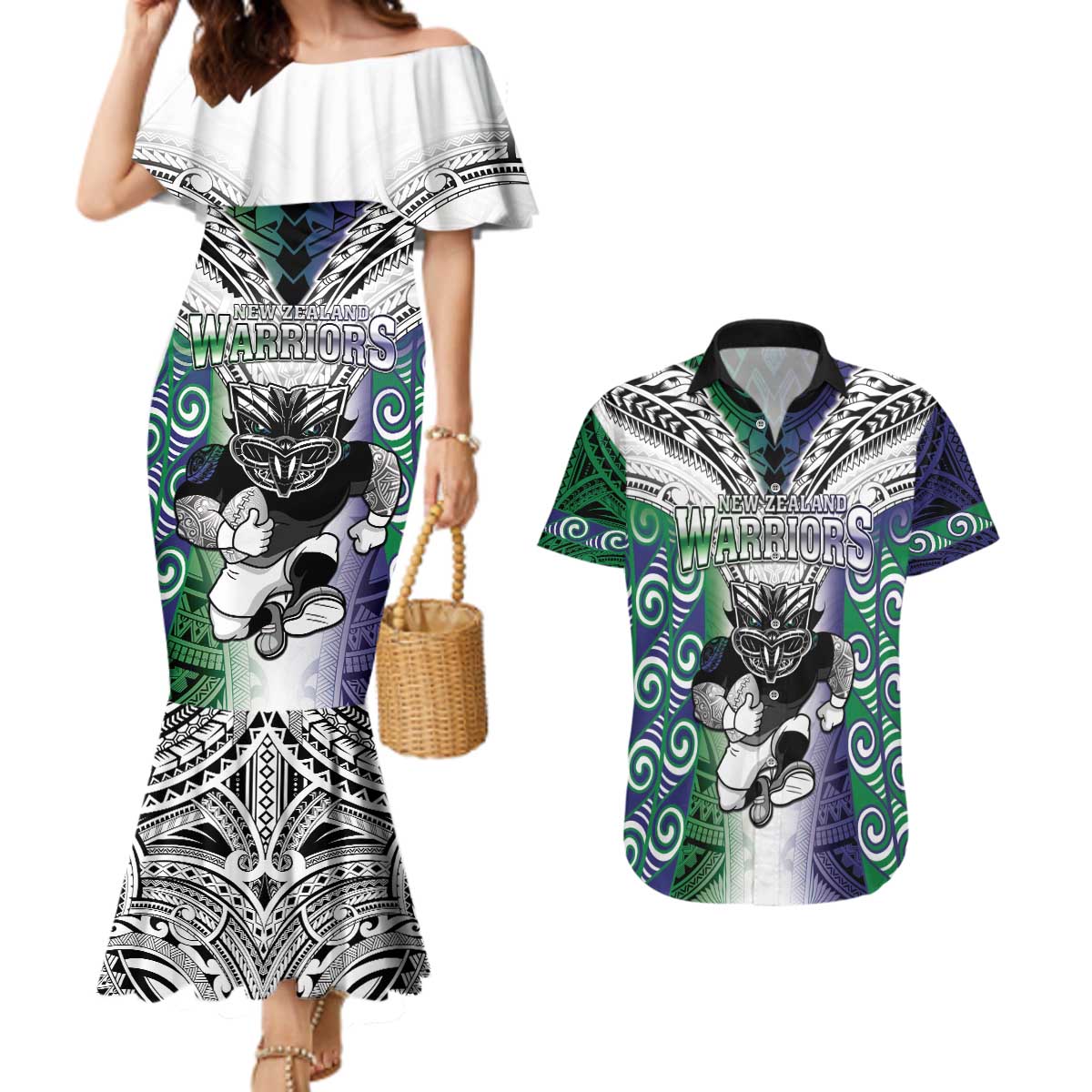 Custom New Zealand Warrior Couples Matching Mermaid Dress and Hawaiian Shirt Maori Tribal Pattern