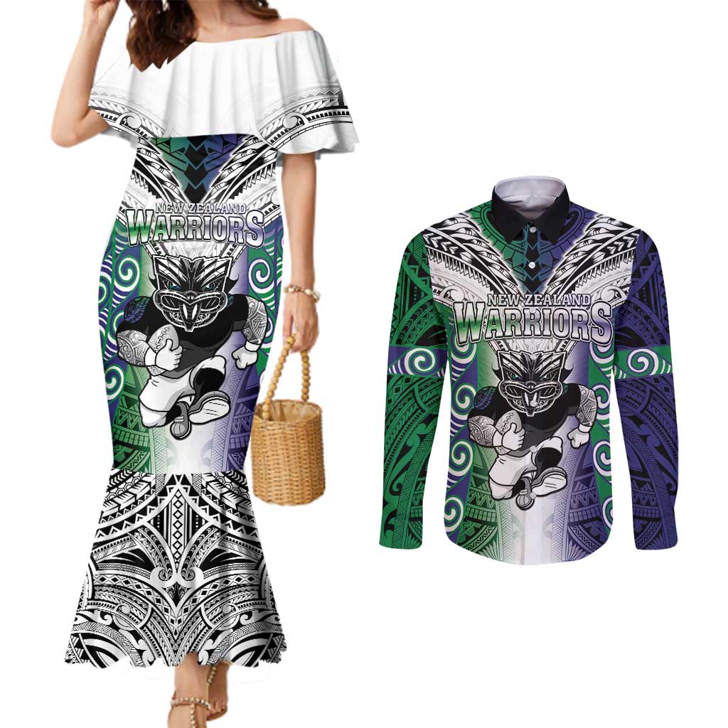 Custom New Zealand Warrior Couples Matching Mermaid Dress and Long Sleeve Button Shirt Maori Tribal Pattern LT05 Green - Polynesian Pride