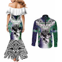 Custom New Zealand Warrior Couples Matching Mermaid Dress and Long Sleeve Button Shirt Maori Tribal Pattern LT05 - Polynesian Pride