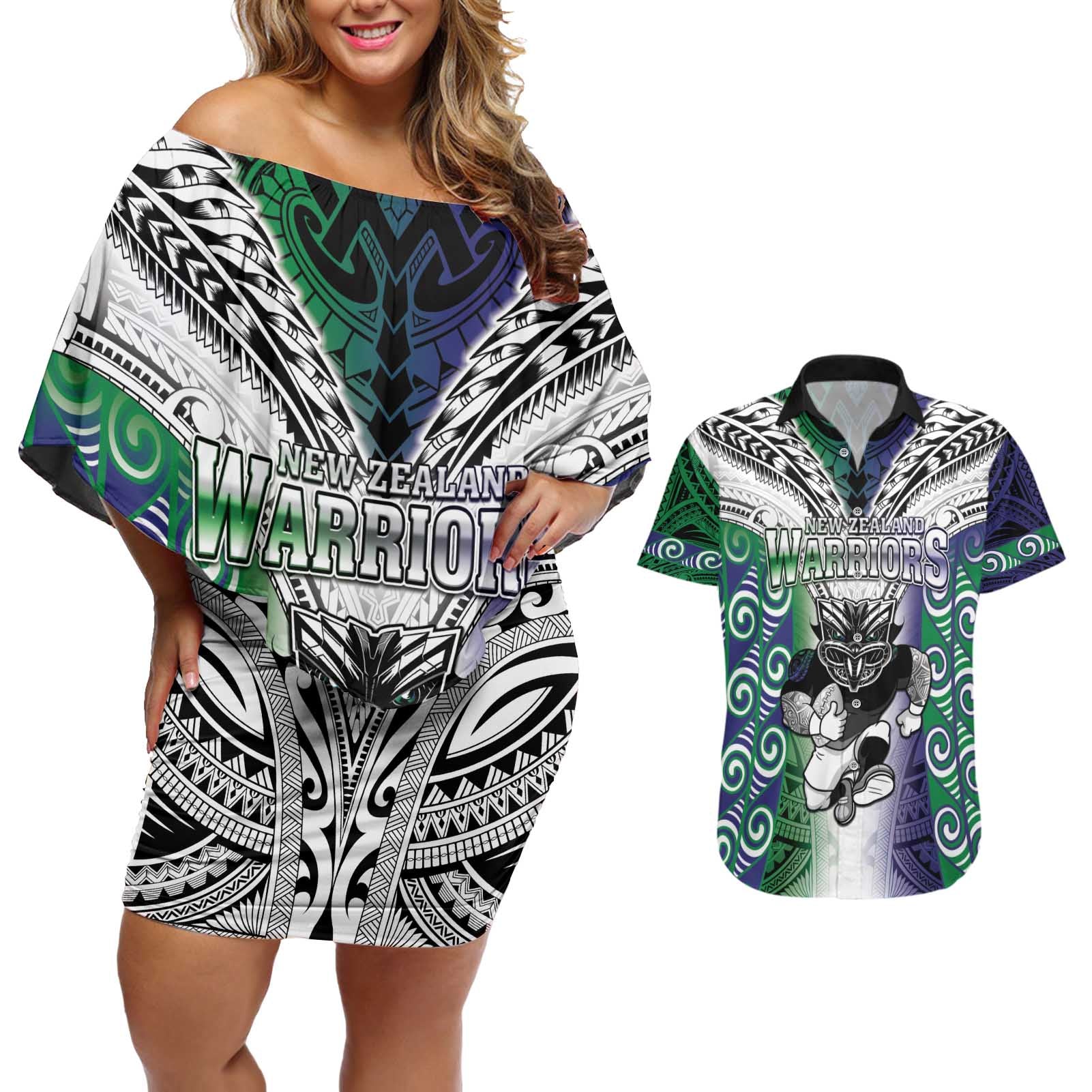 Custom New Zealand Warrior Couples Matching Off Shoulder Short Dress and Hawaiian Shirt Maori Tribal Pattern