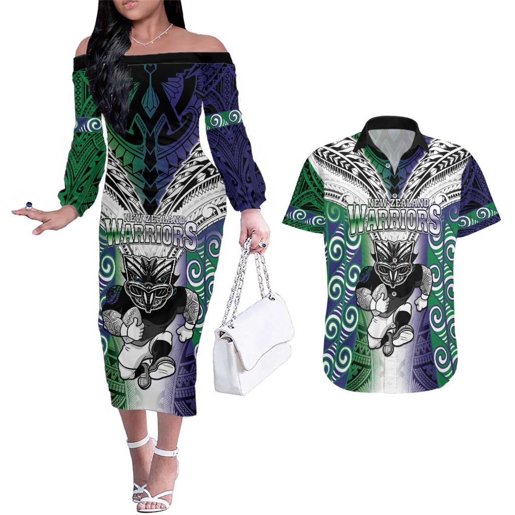 Custom New Zealand Warrior Couples Matching Off The Shoulder Long Sleeve Dress and Hawaiian Shirt Maori Tribal Pattern LT05 Green - Polynesian Pride