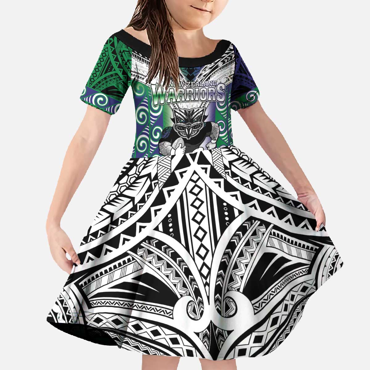 Custom New Zealand Warrior Family Matching Off The Shoulder Long Sleeve Dress and Hawaiian Shirt Maori Tribal Pattern LT05 Daughter's Dress Green - Polynesian Pride