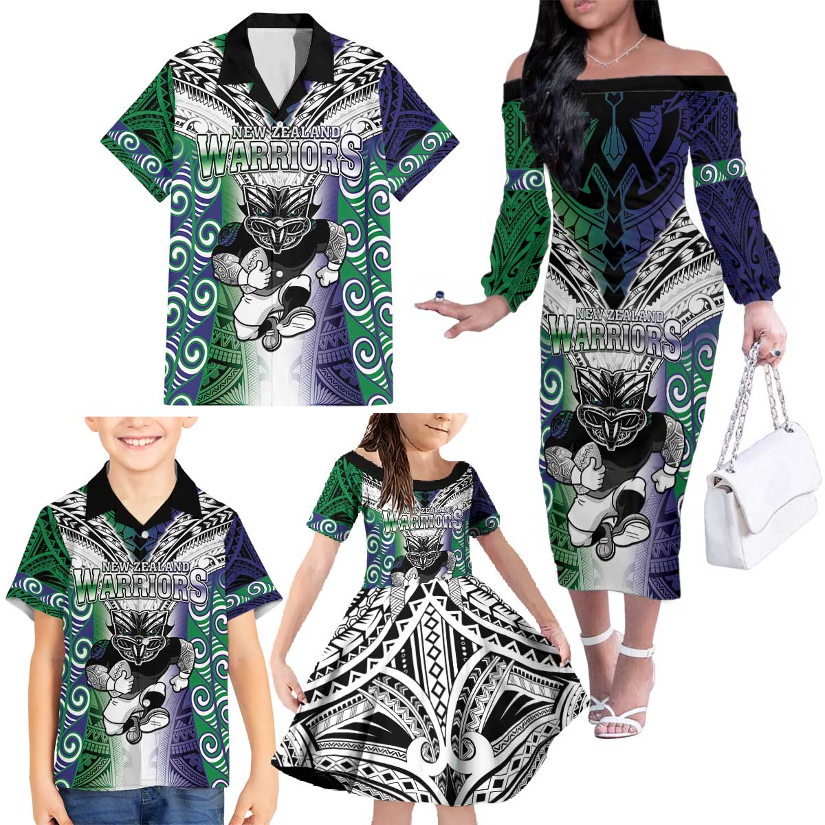 Custom New Zealand Warrior Family Matching Off The Shoulder Long Sleeve Dress and Hawaiian Shirt Maori Tribal Pattern LT05 - Polynesian Pride