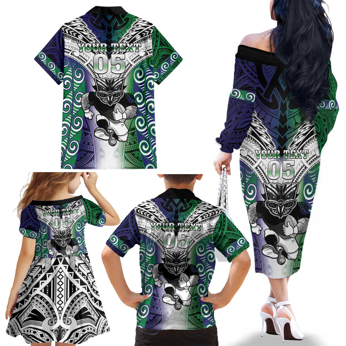 Custom New Zealand Warrior Family Matching Off The Shoulder Long Sleeve Dress and Hawaiian Shirt Maori Tribal Pattern LT05 - Polynesian Pride