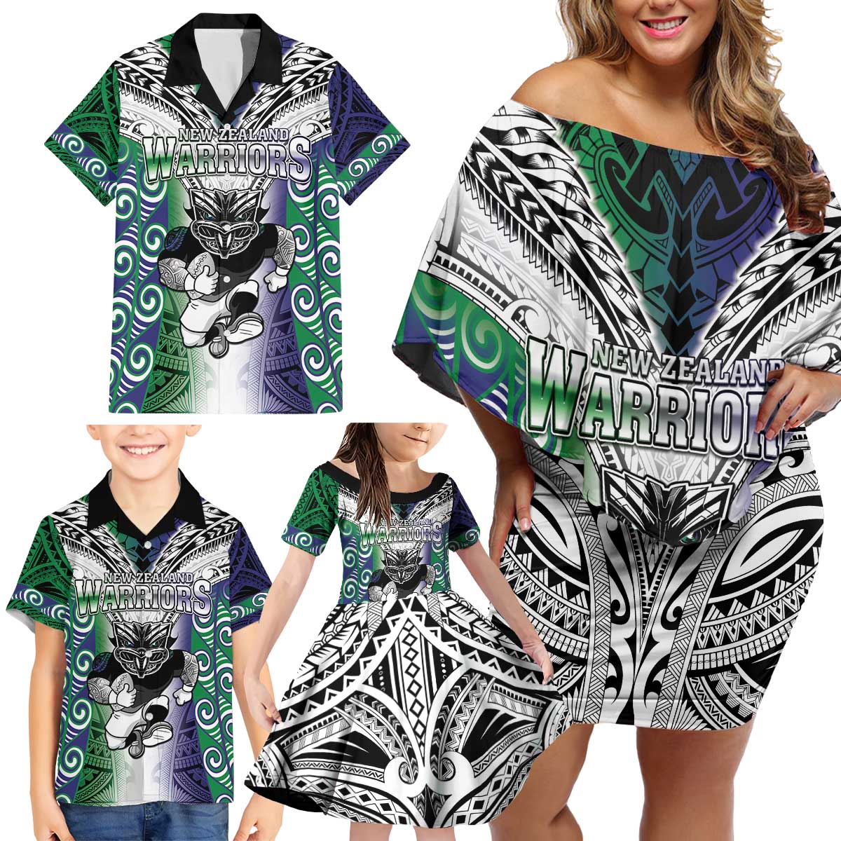 Custom New Zealand Warrior Family Matching Off Shoulder Short Dress and Hawaiian Shirt Maori Tribal Pattern