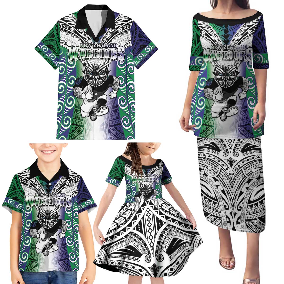 Custom New Zealand Warrior Family Matching Puletasi and Hawaiian Shirt Maori Tribal Pattern LT05 - Polynesian Pride