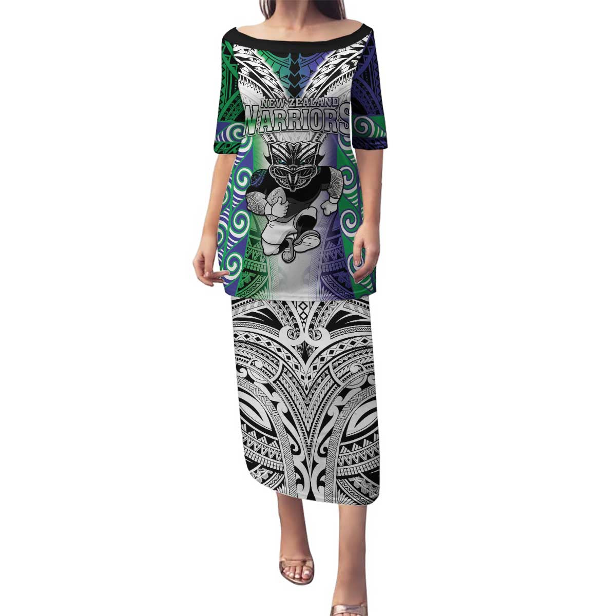 Custom New Zealand Warrior Family Matching Puletasi and Hawaiian Shirt Maori Tribal Pattern LT05 Mom's Dress Green - Polynesian Pride