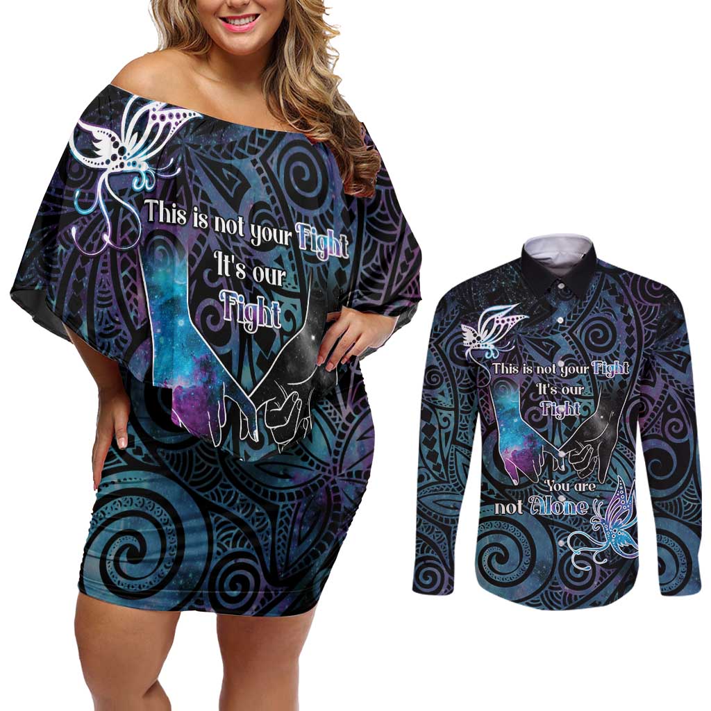 Suicide Awareness Couples Matching Off Shoulder Short Dress and Long Sleeve Button Shirt You Are Not Alone - Polynesian Pride