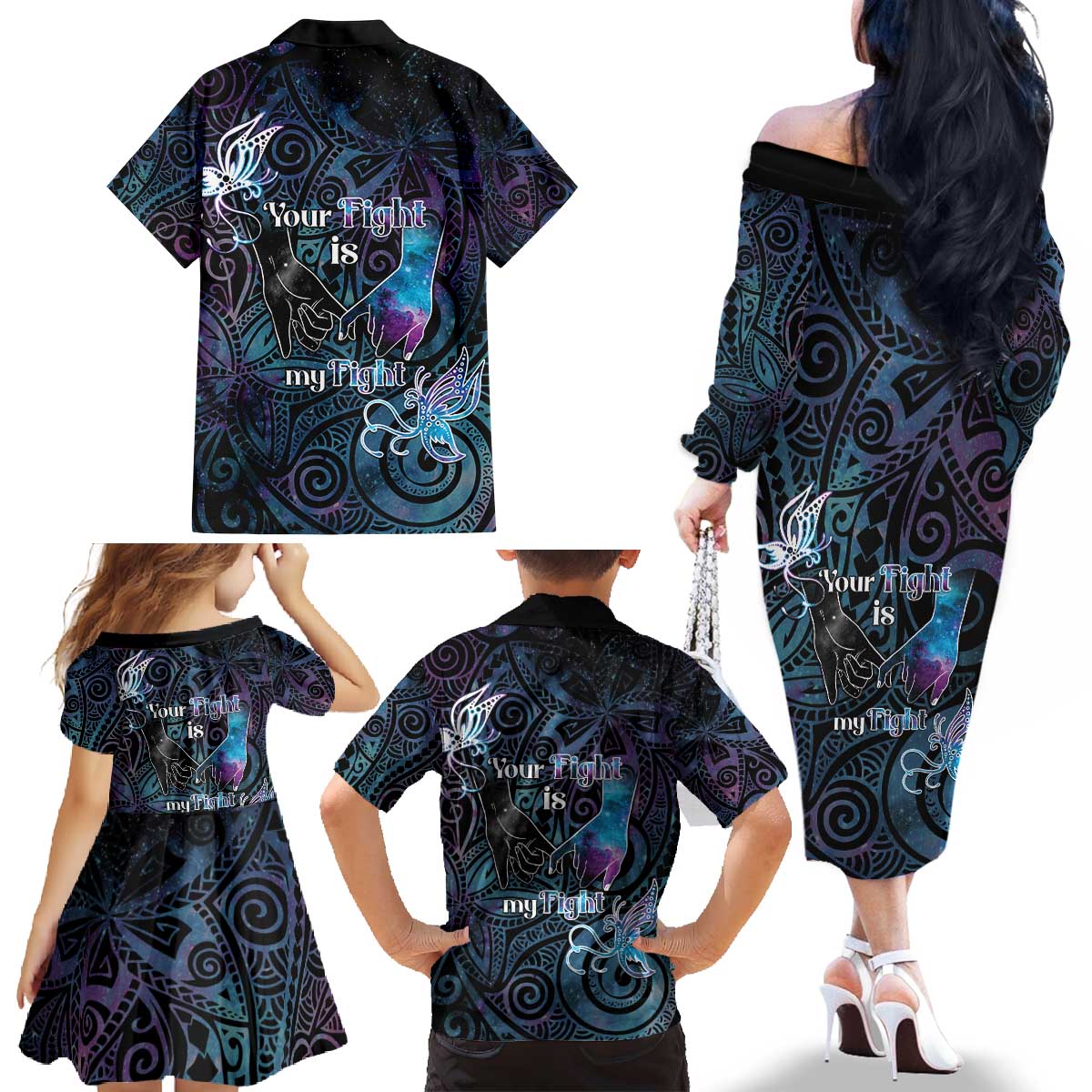Suicide Awareness Family Matching Off The Shoulder Long Sleeve Dress and Hawaiian Shirt You Are Not Alone - Polynesian Pride