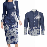 Personalized Utah State Couples Matching Long Sleeve Bodycon Dress and Long Sleeve Button Shirt Polynesian Style LT05 Blue - Polynesian Pride