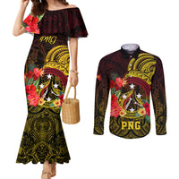 Papua New Guinea Couples Matching Mermaid Dress and Long Sleeve Button Shirts Coat Of Arms Tropical Flowers Polynesian Pattern LT05 Yellow - Polynesian Pride