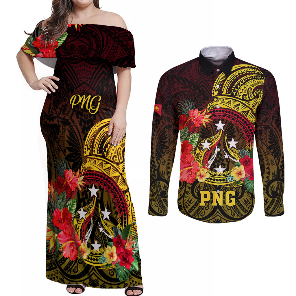 Papua New Guinea Couples Matching Off Shoulder Maxi Dress and Long Sleeve Button Shirts Coat Of Arms Tropical Flowers Polynesian Pattern LT05 Yellow - Polynesian Pride