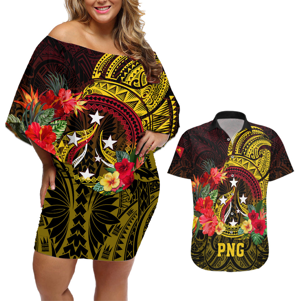 Papua New Guinea Couples Matching Off Shoulder Short Dress and Hawaiian Shirt Coat Of Arms Tropical Flowers Polynesian Pattern LT05 Yellow - Polynesian Pride