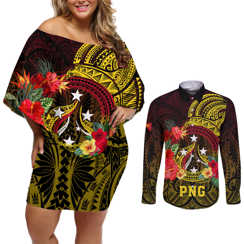 Papua New Guinea Couples Matching Off Shoulder Short Dress and Long Sleeve Button Shirts Coat Of Arms Tropical Flowers Polynesian Pattern LT05 Yellow - Polynesian Pride