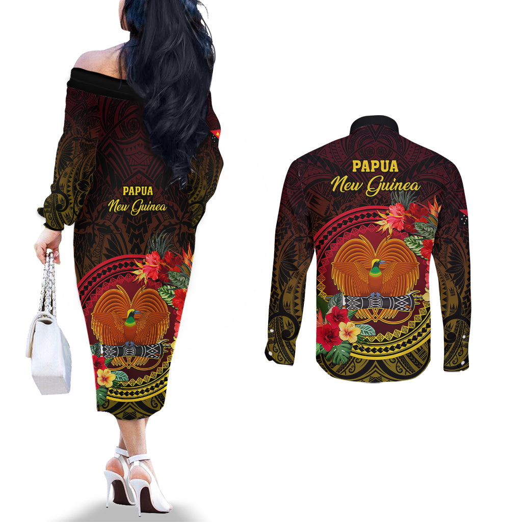 Papua New Guinea Couples Matching Off The Shoulder Long Sleeve Dress and Long Sleeve Button Shirts Coat Of Arms Tropical Flowers Polynesian Pattern LT05 - Polynesian Pride