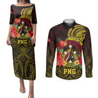 Papua New Guinea Couples Matching Puletasi Dress and Long Sleeve Button Shirts Coat Of Arms Tropical Flowers Polynesian Pattern LT05 Yellow - Polynesian Pride
