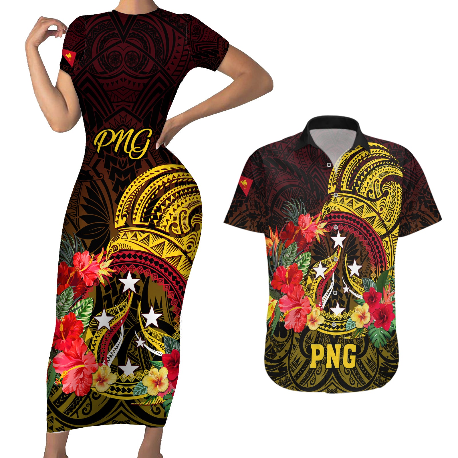 Papua New Guinea Couples Matching Short Sleeve Bodycon Dress and Hawaiian Shirt Coat Of Arms Tropical Flowers Polynesian Pattern LT05 Yellow - Polynesian Pride