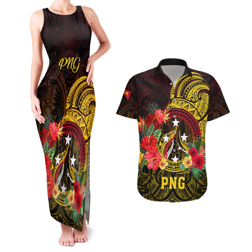 Papua New Guinea Couples Matching Tank Maxi Dress and Hawaiian Shirt Coat Of Arms Tropical Flowers Polynesian Pattern LT05 Yellow - Polynesian Pride