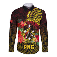 Papua New Guinea Long Sleeve Button Shirt Coat Of Arms Tropical Flowers Polynesian Pattern LT05 Unisex Yellow - Polynesian Pride