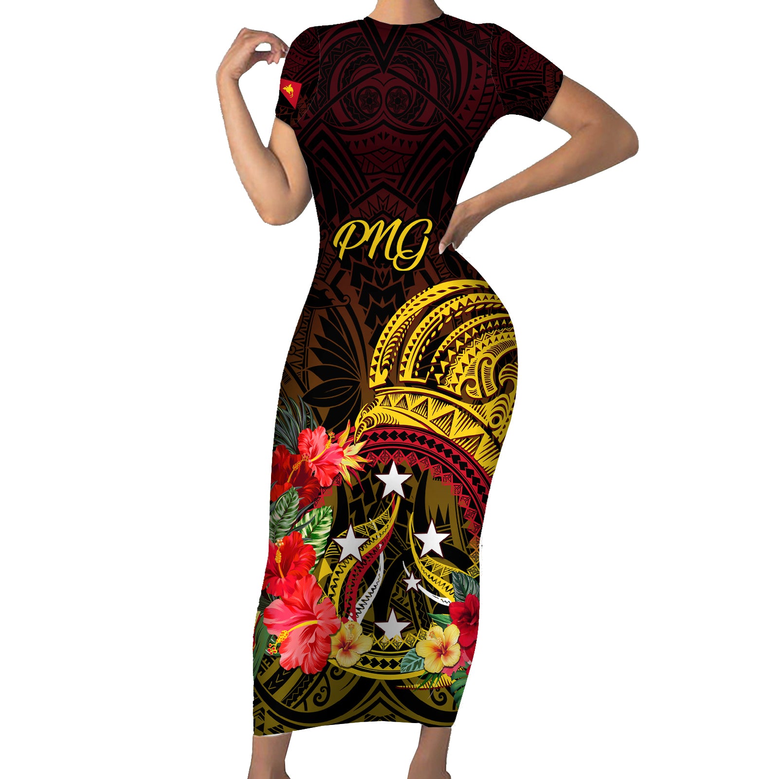 Papua New Guinea Short Sleeve Bodycon Dress Coat Of Arms Tropical Flowers Polynesian Pattern LT05 Long Dress Yellow - Polynesian Pride