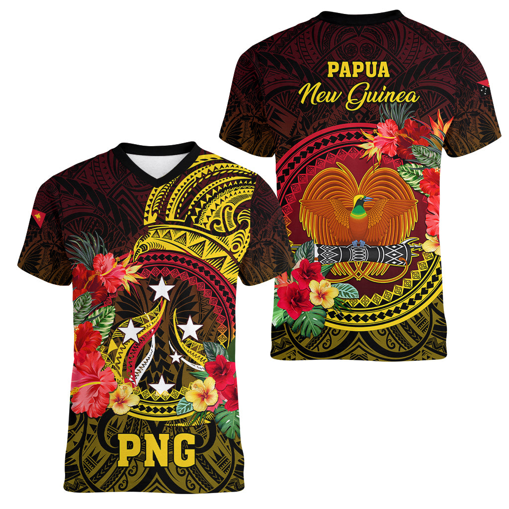 Papua New Guinea Women V Neck T Shirt Coat Of Arms Tropical Flowers Polynesian Pattern LT05 - Polynesian Pride