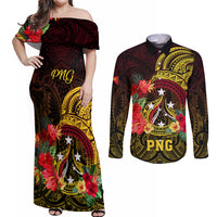 Personalized Papua New Guinea Couples Matching Off Shoulder Maxi Dress and Long Sleeve Button Shirts Coat Of Arms Tropical Flowers Polynesian Pattern LT05 Yellow - Polynesian Pride