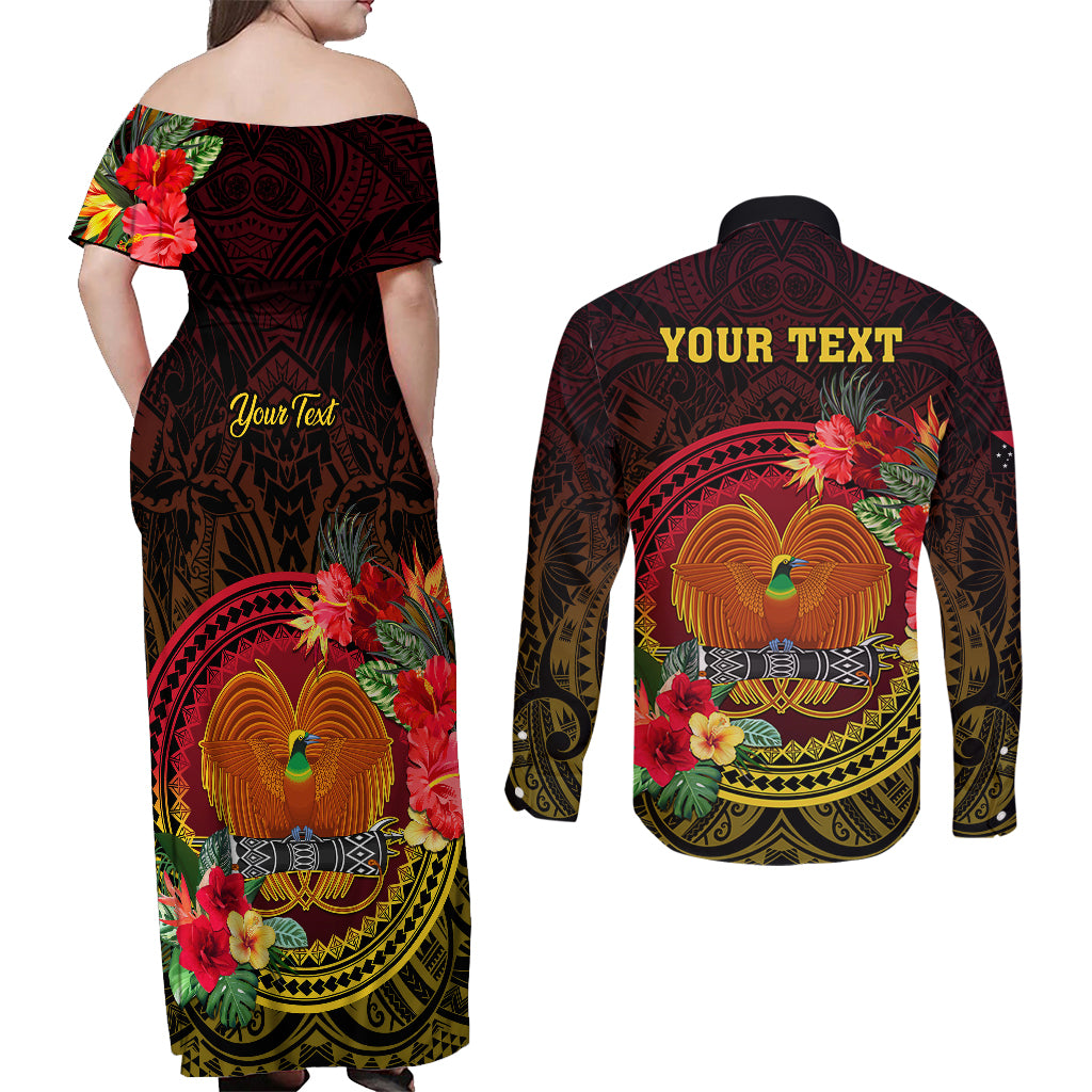 Personalized Papua New Guinea Couples Matching Off Shoulder Maxi Dress and Long Sleeve Button Shirts Coat Of Arms Tropical Flowers Polynesian Pattern LT05 - Polynesian Pride