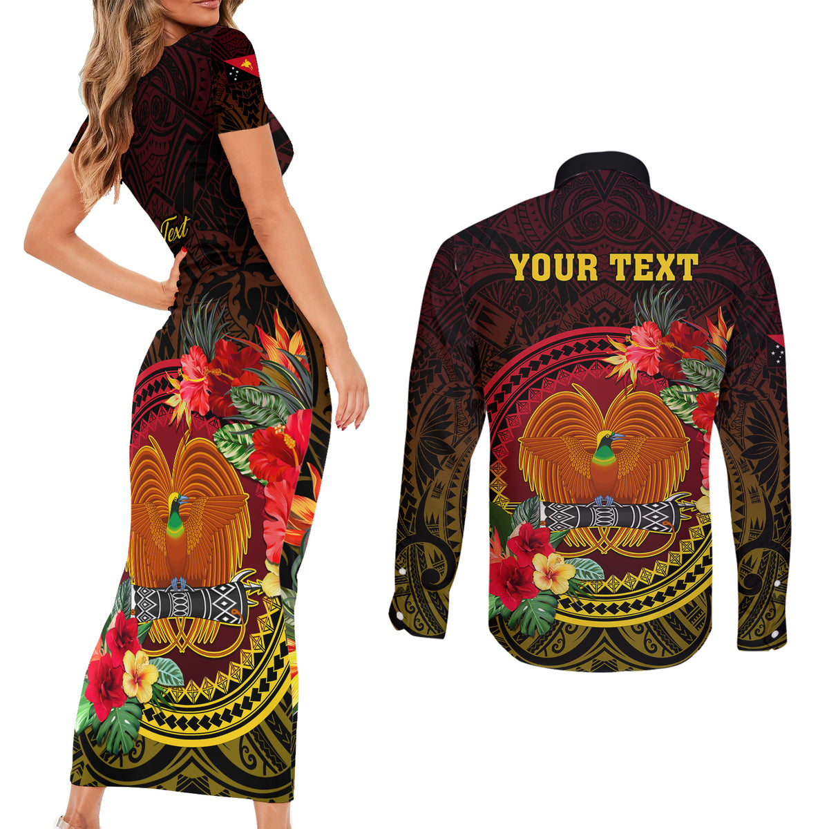 Personalized Papua New Guinea Couples Matching Short Sleeve Bodycon Dress and Long Sleeve Button Shirts Coat Of Arms Tropical Flowers Polynesian Pattern LT05 - Polynesian Pride